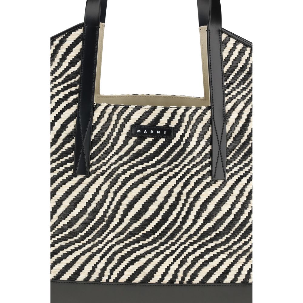 Tote Shoulder Bag by Marni for women in raffia polyamide polyester leather & cotton black, patterned & signature features an effortlessly chic silhouette with a secure , ample , and versatile handle for effortlessly chic everyday luxury.