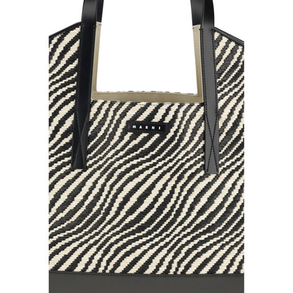 Tote Shoulder Bag by Marni for women in raffia polyamide polyester leather & cotton black, patterned & signature features an effortlessly chic silhouette with a secure , ample , and versatile handle for effortlessly chic everyday luxury.