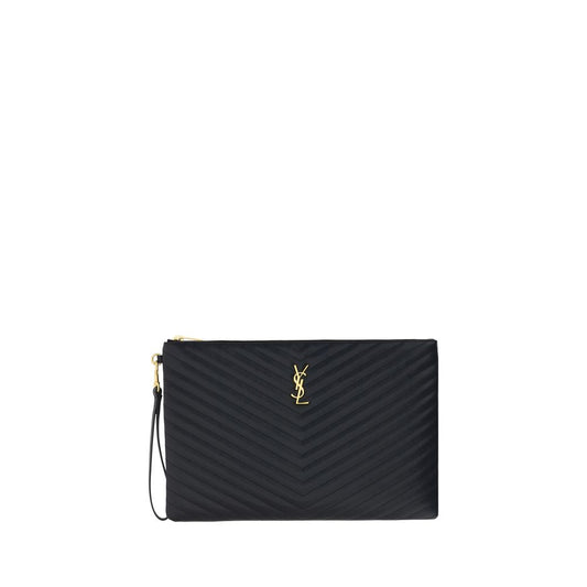 Quilted Pouch Clutch Handbag by Saint Laurent for women in bos taurus calf leather black, gold & signature features an sculptural silhouette, showcasing a secure zipper and sculptural internal-pockets & cardholder with versatile for a sophisticated look.
