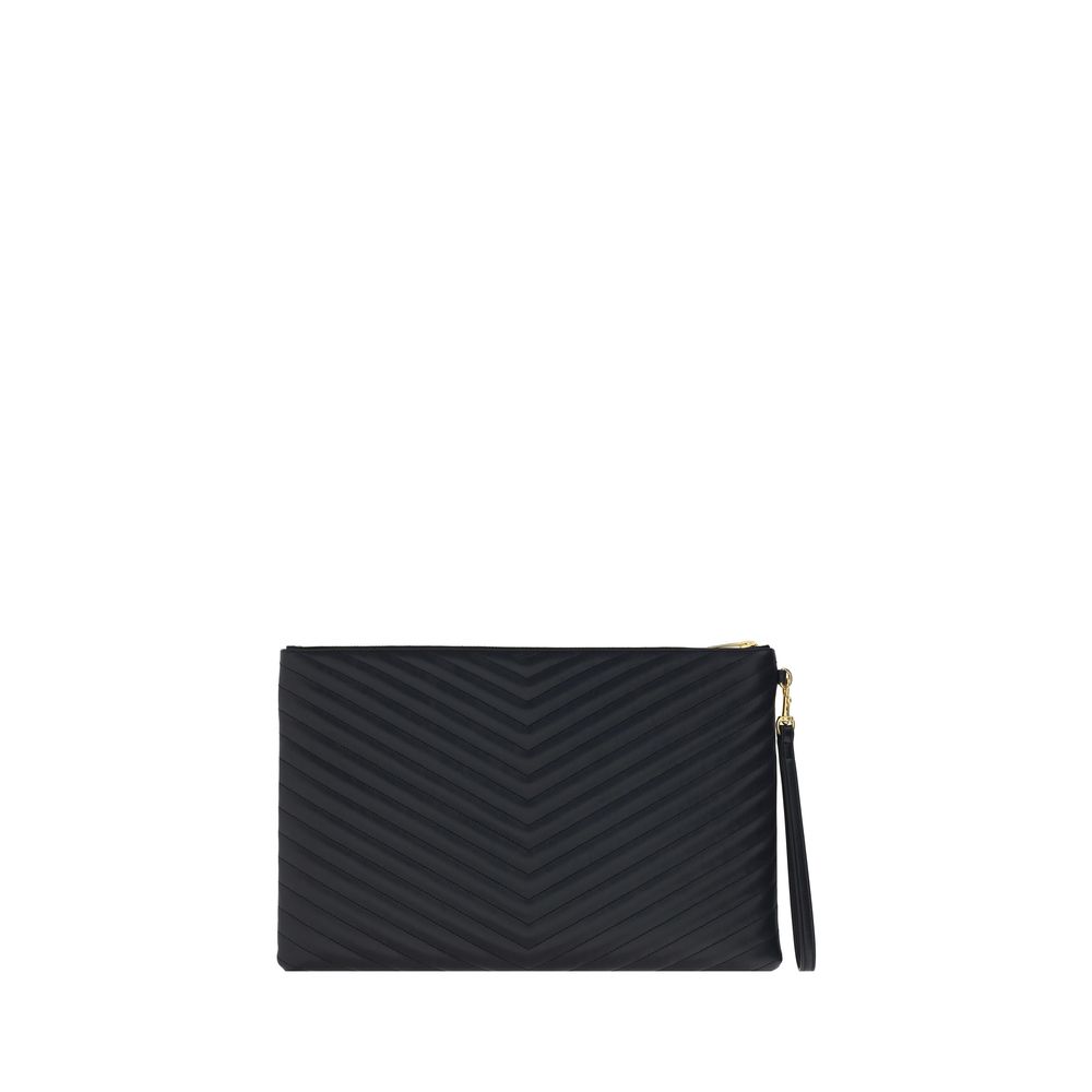 Quilted Pouch Clutch Handbag by Saint Laurent for women in bos taurus calf leather black, gold & signature showcases a sculptural silhouette, featuring a secure zipper, ample internal-pockets & cardholder, and versatile for a sculptural aesthetic.