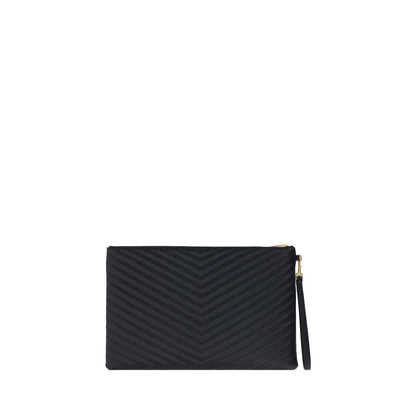 Quilted Pouch Clutch Handbag by Saint Laurent for women in bos taurus calf leather black, gold & signature showcases a sculptural silhouette, featuring a secure zipper, ample internal-pockets & cardholder, and versatile for a sculptural aesthetic.
