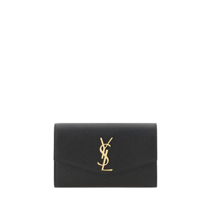 Compact Shoulder Clutch Bag by Saint Laurent for women in bos taurus calf leather black & gold showcases a enviable silhouette, artfully detailed with a secure magnetic & button, organized cardholder, and versatile shoulder-strap for a enviable look.