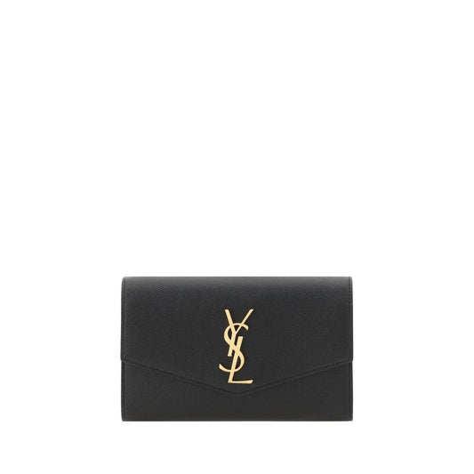 Compact Shoulder Clutch Bag by Saint Laurent for women in bos taurus calf leather black & gold showcases a enviable silhouette, artfully detailed with a secure magnetic & button, organized cardholder, and versatile shoulder-strap for a enviable look.