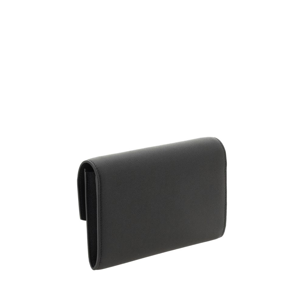 Compact Shoulder Clutch Bag by Saint Laurent for women in bos taurus calf leather black & gold features a effortless chic silhouette with a secure magnetic & button, ample cardholder, and versatile shoulder-strap for a effortless chic finish.