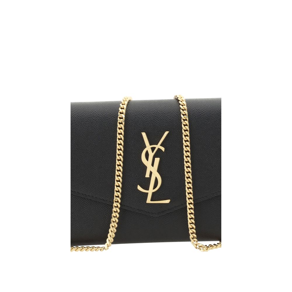 Compact Shoulder Clutch Bag by Saint Laurent for women in bos taurus calf leather black & gold features a effortless sophistication silhouette, secured by a magnetic & button with ample cardholder and versatile shoulder-strap for a effortless sophistication finish.