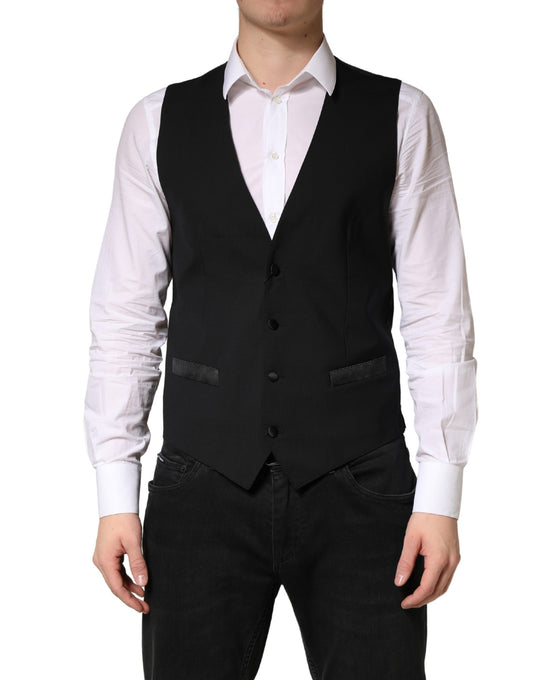Vest by Dolce & Gabbana for men in virgin wool silk polyester & viscose black features a stylish silhouette, showcasing distinct and a refined for a truly stylish finish.