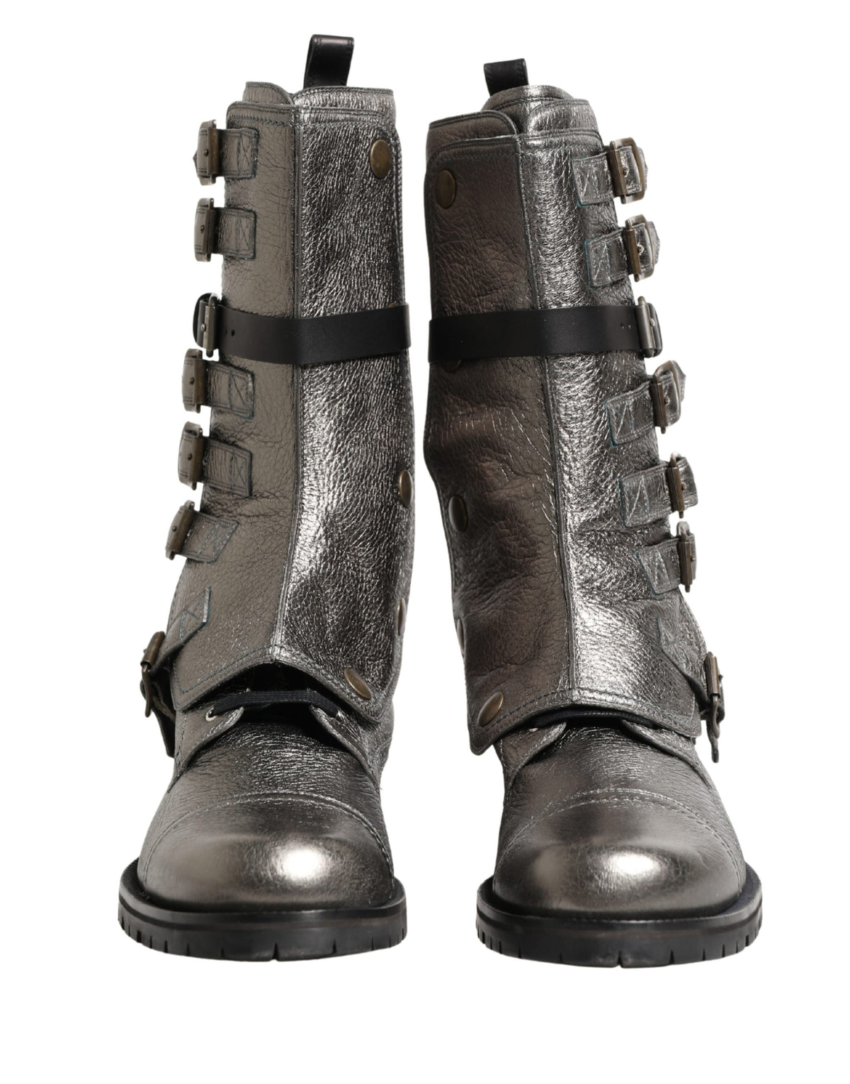 Dolce & Gabbana Men's Calf Leather Ankle Biker Combat Mid-Calf Boots - Silver