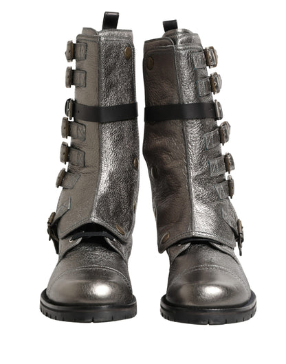 Dolce & Gabbana Men's Calf Leather Ankle Biker Combat Mid-Calf Boots - Silver