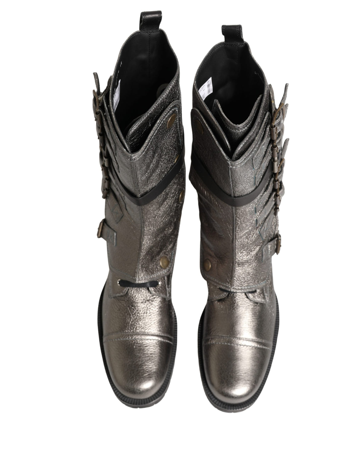 Dolce & Gabbana Men's Calf Leather Ankle Biker Combat Mid-Calf Boots - Silver