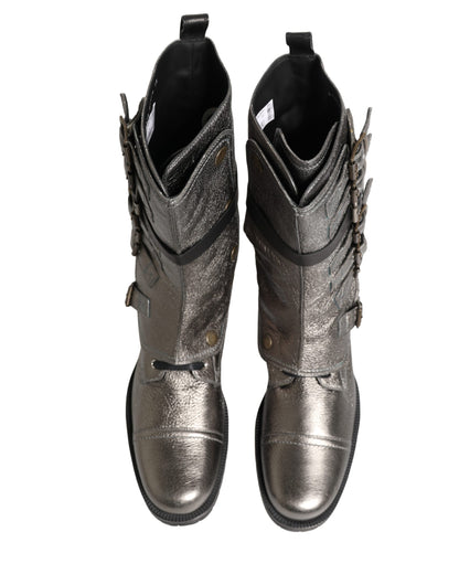 Dolce & Gabbana Men's Calf Leather Ankle Biker Combat Mid-Calf Boots - Silver
