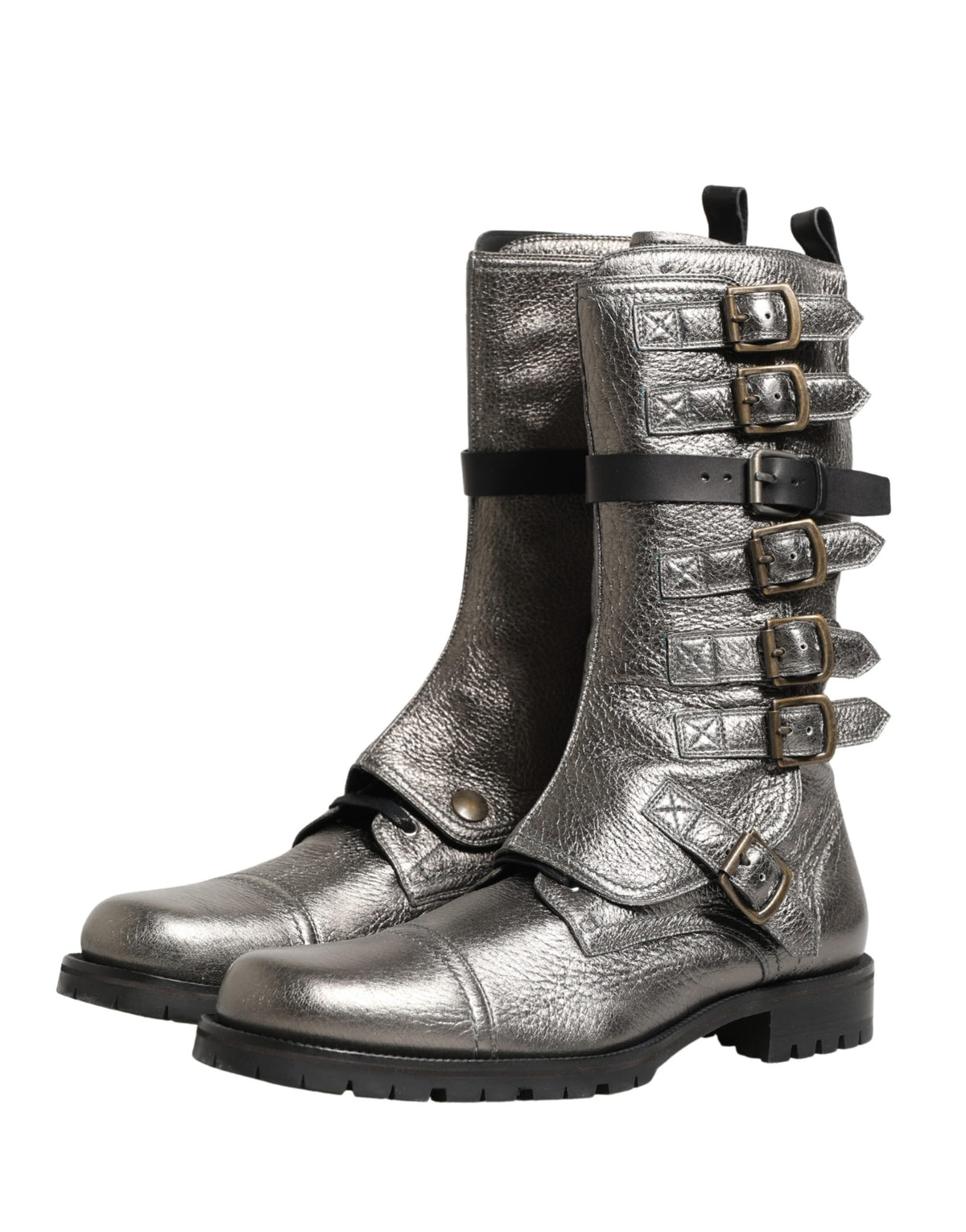 Dolce & Gabbana Men's Calf Leather Ankle Biker Combat Mid-Calf Boots - Silver