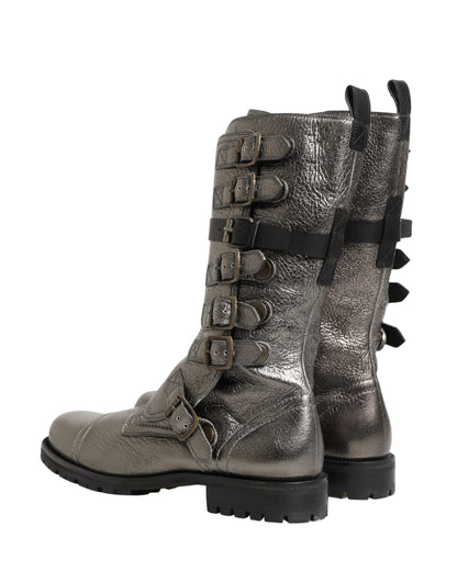 Dolce & Gabbana Men's Calf Leather Ankle Biker Combat Mid-Calf Boots - Silver