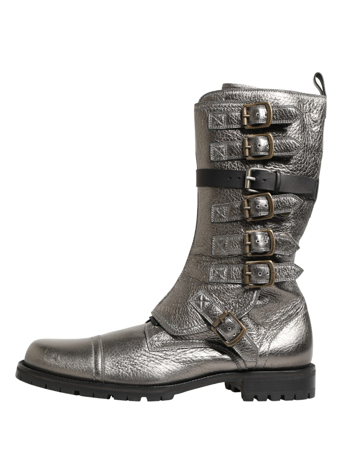 Dolce & Gabbana Men's Calf Leather Ankle Biker Combat Mid-Calf Boots - Silver