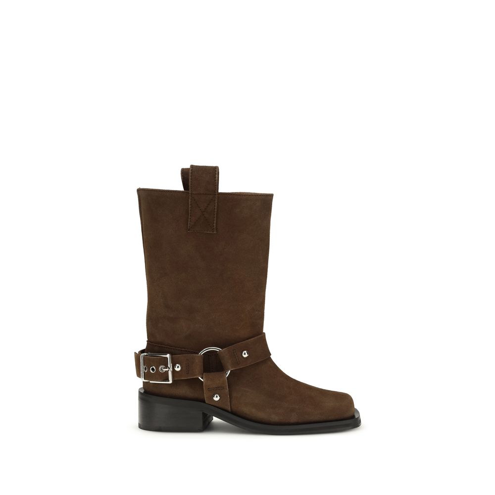 Lace-Up Biker Strap Boots by Ganni for women in polyester & bos taurus suede calf leather brown features an dynamic silhouette, showcasing the dynamic Women's Polyester & Bos Taurus Suede Calf Leather Lace-Up Biker Strap Boots design with its distinctive block-heel and elegant square toe style.