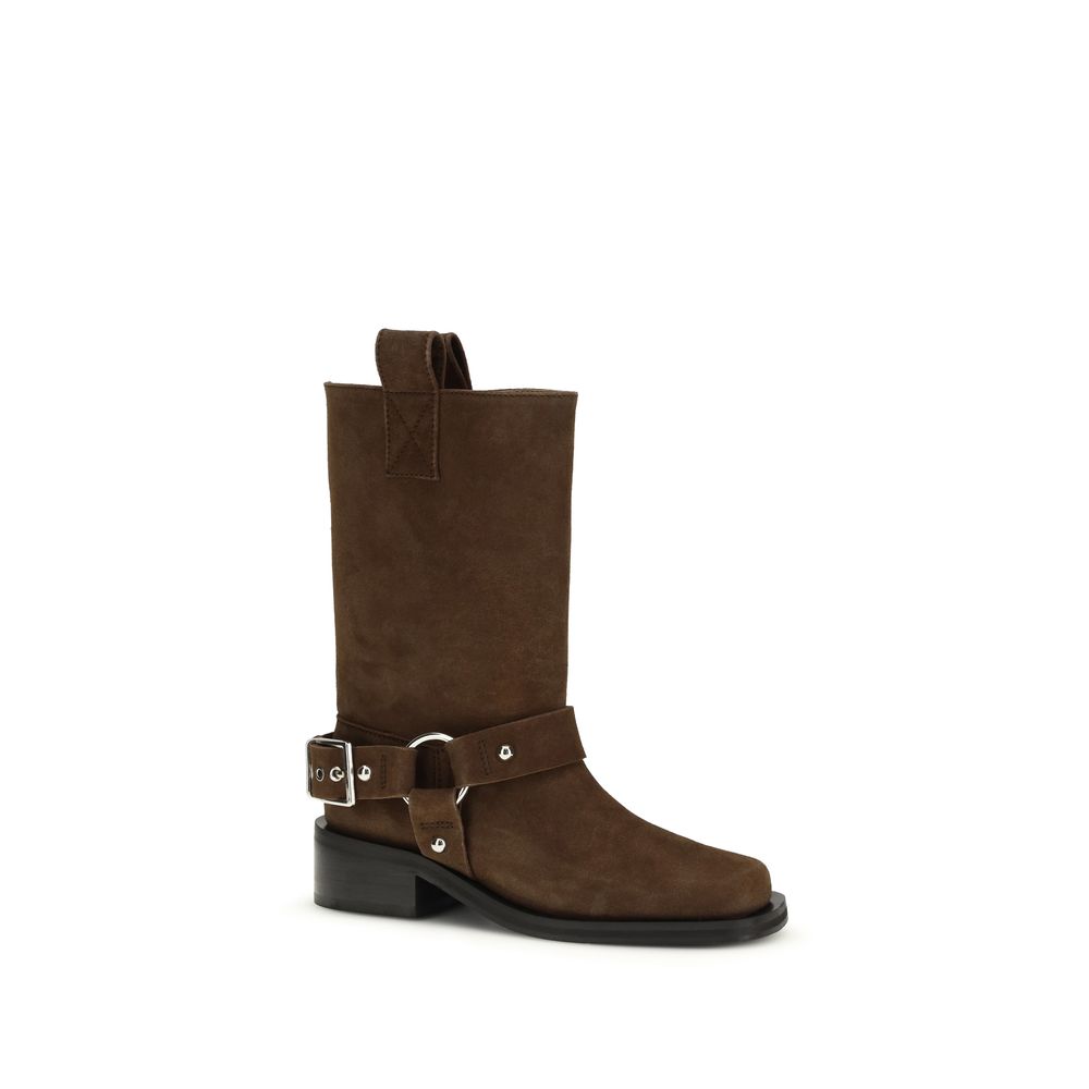 Lace-Up Biker Strap Boots by Ganni for women in polyester & bos taurus suede calf leather brown features an avant-garde Women's Polyester & Bos Taurus Suede Calf Leather Lace-Up Biker Strap Boots silhouette, defined by a sophisticated block-heel and a avant-garde square toe style.