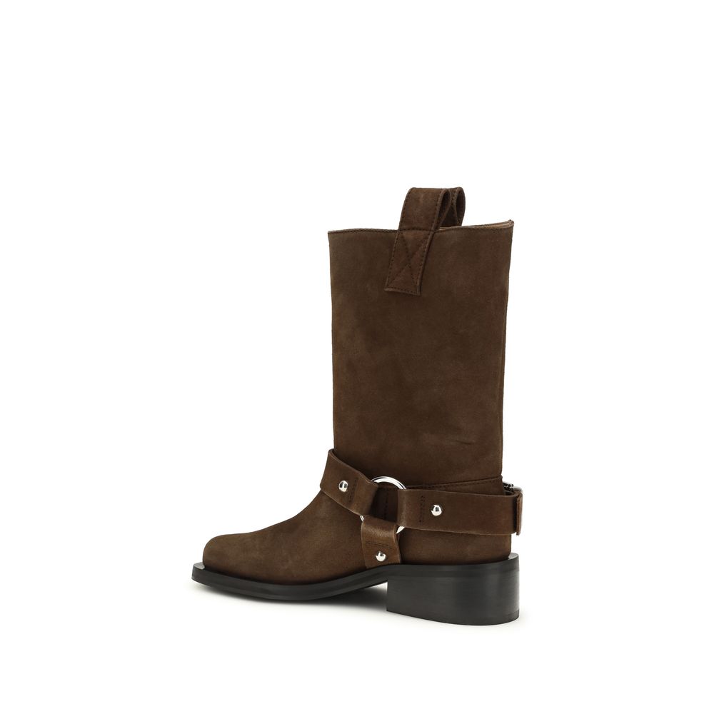 Lace-Up Biker Strap Boots by Ganni for women in polyester & bos taurus suede calf leather brown features an high-performance silhouette, showcasing the sophisticated design of the Women's Polyester & Bos Taurus Suede Calf Leather Lace-Up Biker Strap Boots with a block-heel and a refined square toe style.
