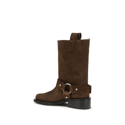 Lace-Up Biker Strap Boots by Ganni for women in polyester & bos taurus suede calf leather brown features an high-performance silhouette, showcasing the sophisticated design of the Women's Polyester & Bos Taurus Suede Calf Leather Lace-Up Biker Strap Boots with a block-heel and a refined square toe style.