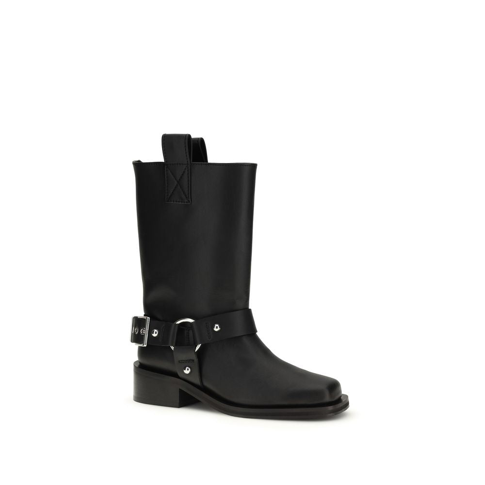 Lace-Up Biker Strap Boots by Ganni for women in polyester polyurethane & bos taurus calf leather black features an dynamic silhouette, showcasing the dynamic Women's Polyester Polyurethane & Bos Taurus Calf Leather Lace-Up Biker Strap Boots design with its distinctive block-heel and elegant square toe style.