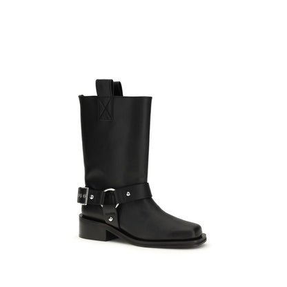 Lace-Up Biker Strap Boots by Ganni for women in polyester polyurethane & bos taurus calf leather black features an dynamic silhouette, showcasing the dynamic Women's Polyester Polyurethane & Bos Taurus Calf Leather Lace-Up Biker Strap Boots design with its distinctive block-heel and elegant square toe style.