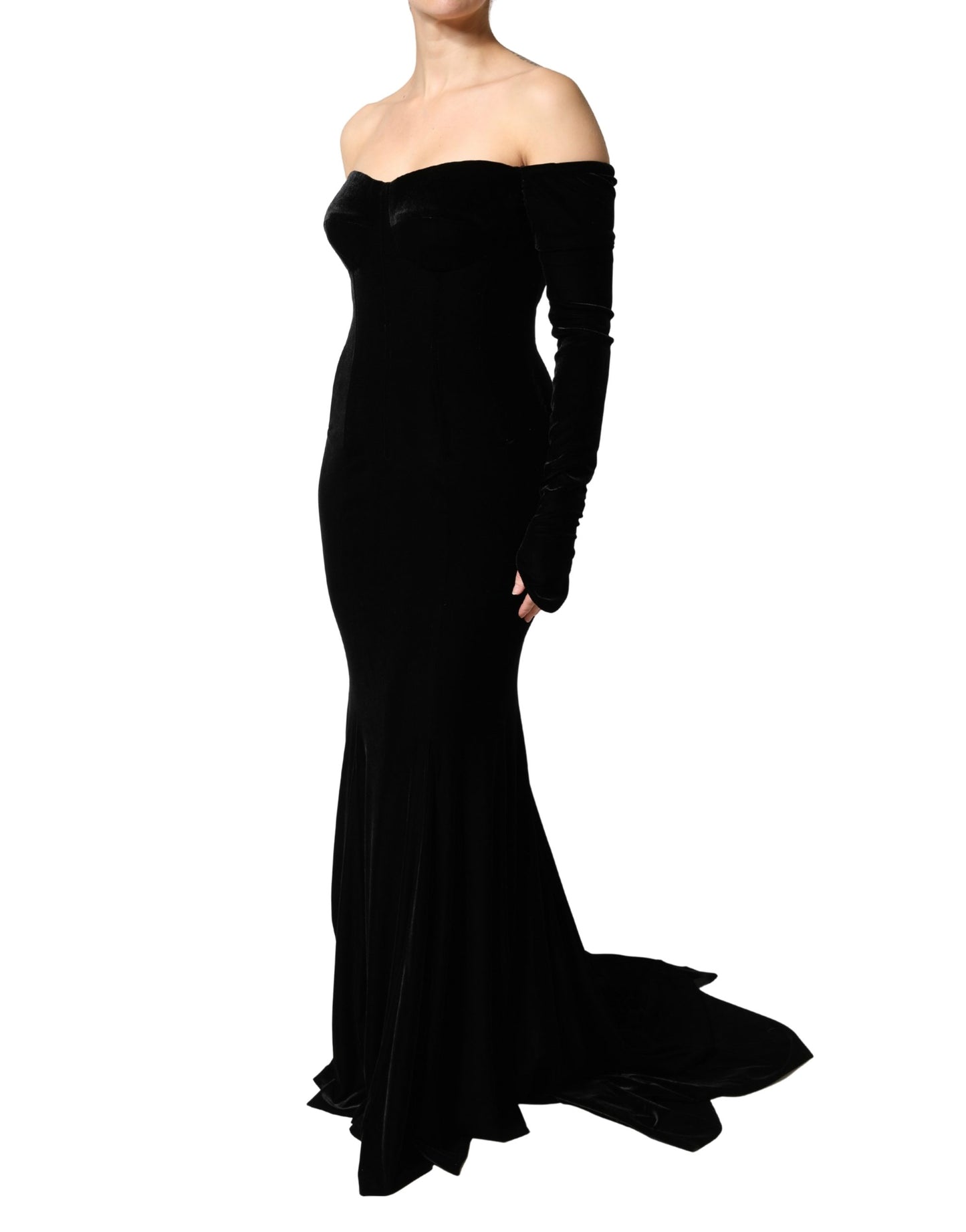 Dolce & Gabbana Black Off Shoulder Bodycon Long Gown Dress