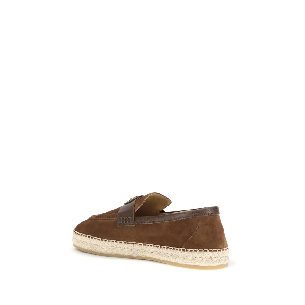 Valentino Garavani V Logo Men's Raffia & Bos Taurus Suede Calf Leather Espadrille Espadrilles Loafer Shoes - Brown Signature