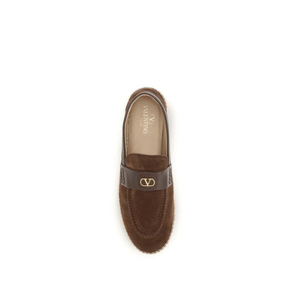 Valentino Garavani V Logo Men's Raffia & Bos Taurus Suede Calf Leather Espadrille Espadrilles Loafer Shoes - Brown Signature