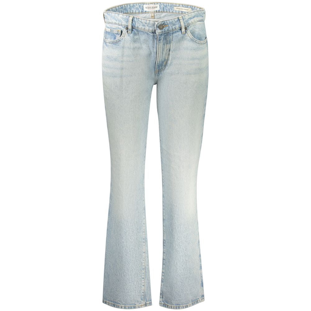 Jeans by Guess Jeans for women in stretch denim cotton azzurro presents a tailored silhouette, showcasing a tailored straight-leg and long cut with a refined mid rise for a truly tailored aesthetic.