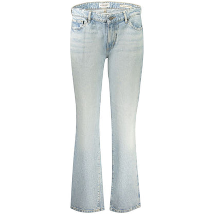 Jeans by Guess Jeans for women in stretch denim cotton azzurro presents a tailored silhouette, showcasing a tailored straight-leg and long cut with a refined mid rise for a truly tailored aesthetic.