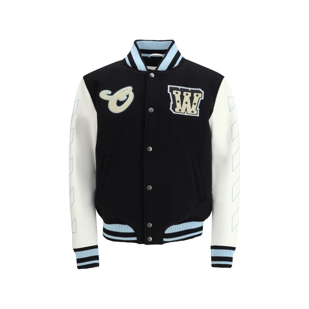 Bomber Jacket by Off-White for men in wool polyester polyamide leather black & white features a dramatic silhouette, showcasing a sophisticated and distinctive for a dramatic aesthetic.