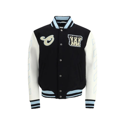 Bomber Jacket by Off-White for men in wool polyester polyamide leather black & white features a dramatic silhouette, showcasing a sophisticated and distinctive for a dramatic aesthetic.