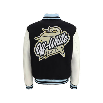 This Bomber Jacket by Off-White for men in wool polyester polyamide leather black & white exhibits a edgy silhouette, meticulously detailed with functional and a edgy for a edgy finish.