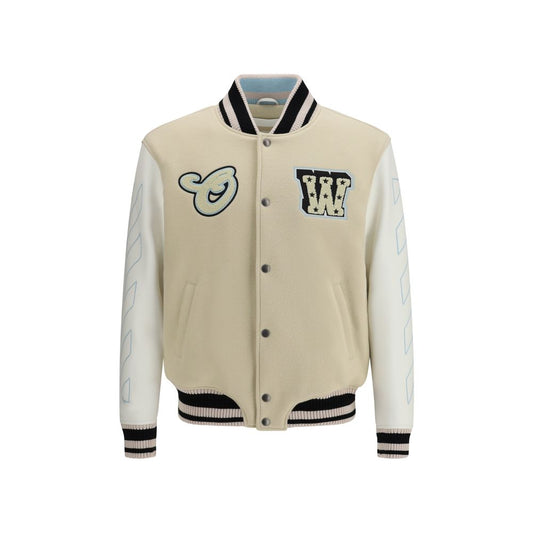 Bomber Jacket by Off-White for men in wool polyester polyamide leather beige & white presents a effortlessly chic silhouette, showcasing a sophisticated and premium for a truly effortlessly chic finish.