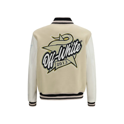 Bomber Jacket by Off-White for men in wool polyester polyamide leather beige & white showcases a bohemian silhouette, artfully detailed with a bohemian and signature for a truly bohemian finish.