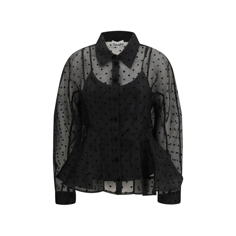 Shirt by Ganni for women in polyester black & patterned features an architectural silhouette with a refined long-sleeve and elegant for a architectural look.