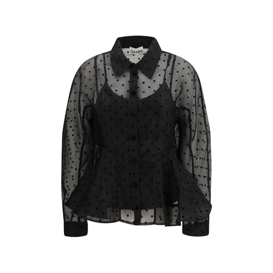 Shirt by Ganni for women in polyester black & patterned features an architectural silhouette with a refined long-sleeve and elegant for a architectural look.