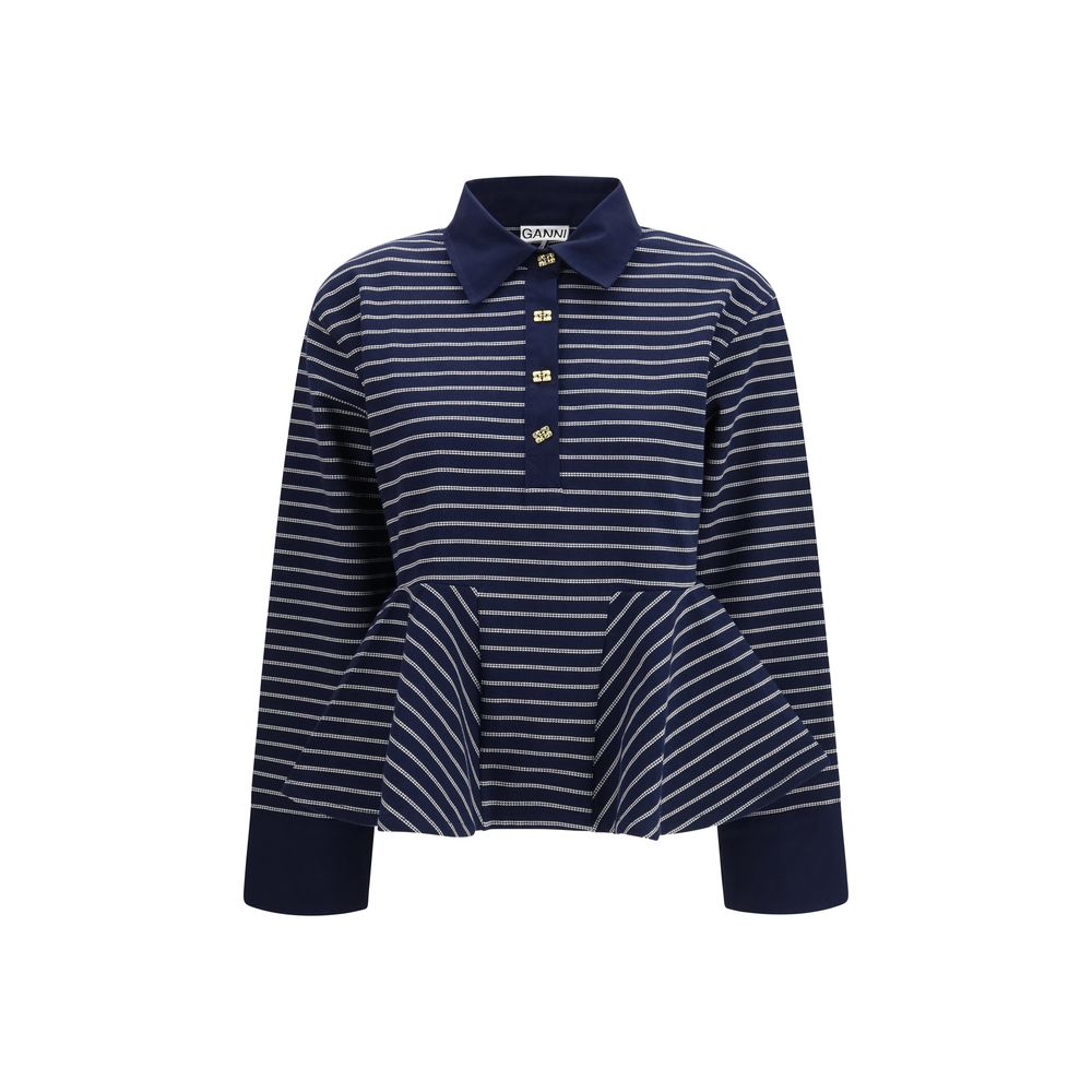 Polo Shirt by Ganni for women in cotton blue & striped showcases a sharp silhouette, detailed with a refined shirt-collar neckline and sharp for a sophisticated finish.