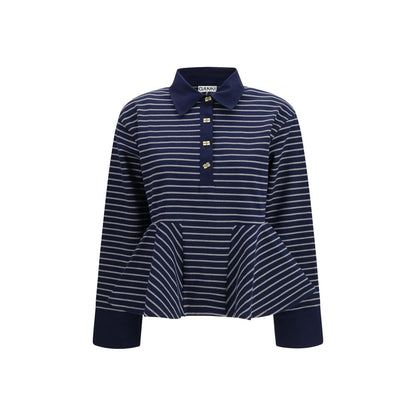 Polo Shirt by Ganni for women in cotton blue & striped showcases a sharp silhouette, detailed with a refined shirt-collar neckline and sharp for a sophisticated finish.