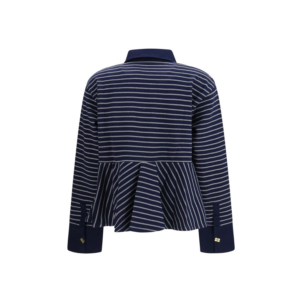 Polo Shirt by Ganni for women in cotton blue & striped presents a distinguished silhouette, showcasing a sophisticated shirt-collar neckline and distinguished for a truly distinguished finish.