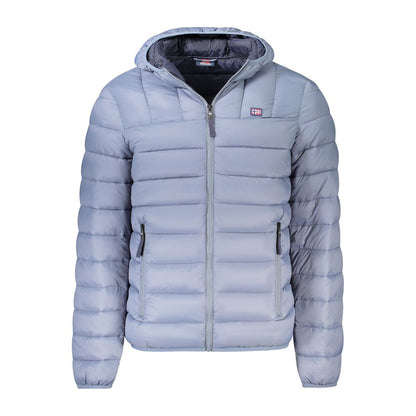 Hooded Overcoat by Norway 1963 for men in polyamide blue & gray features an voluminous silhouette, showcasing distinct pockets & hooded and a voluminous hooded neckline for a truly voluminous aesthetic.