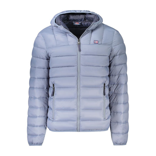 Hooded Overcoat by Norway 1963 for men in polyamide blue & gray features an voluminous silhouette, showcasing distinct pockets & hooded and a voluminous hooded neckline for a truly voluminous aesthetic.