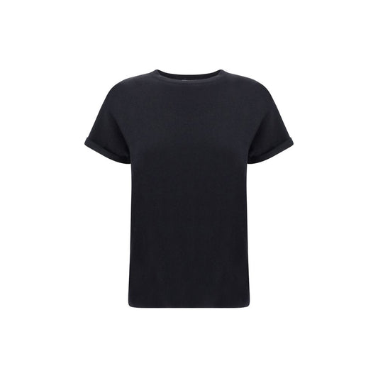 T-Shirt by Brunello Cucinelli for women in silk cashmere polyester & nylon black showcases a dramatic silhouette, elegantly detailed with a dramatic crew neckline and for a truly dramatic finish.