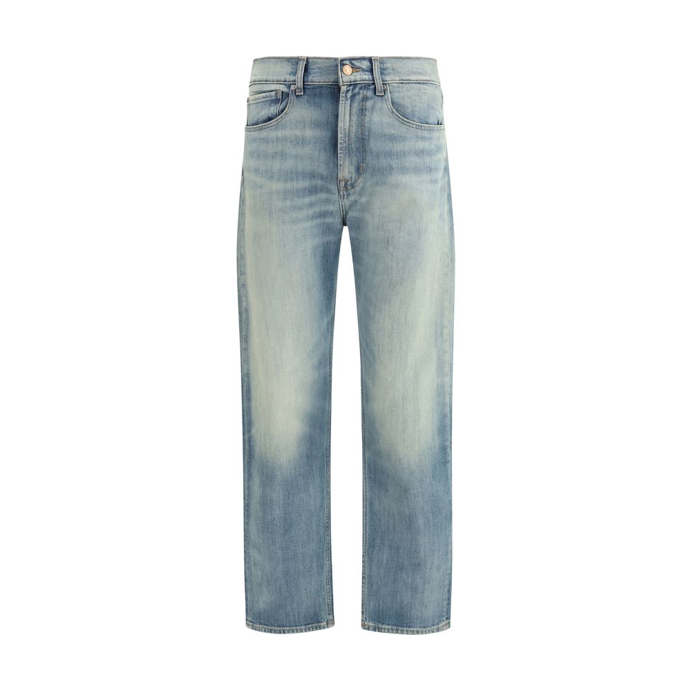 Jeans by 7FOR for men in stretch denim cotton blue features an sophisticated mid rise and straight, relaxed-fit, regular-fit, slim & wide with a precise long, creating a sophisticated and sophisticated silhouette.