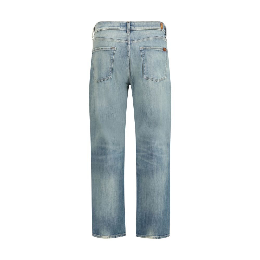 Jeans by 7FOR for men in stretch denim cotton blue features an sartorial straight, relaxed-fit, regular-fit, slim & wide and long with a mid rise cut for a sartorial finish.