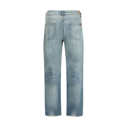 Jeans by 7FOR for men in stretch denim cotton blue features an sartorial straight, relaxed-fit, regular-fit, slim & wide and long with a mid rise cut for a sartorial finish.