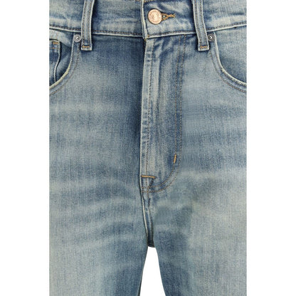 Jeans by 7FOR for men in stretch denim cotton blue features a polished silhouette with a polished straight, relaxed-fit, regular-fit, slim & wide, reaching a polished long and finished with a polished mid rise.