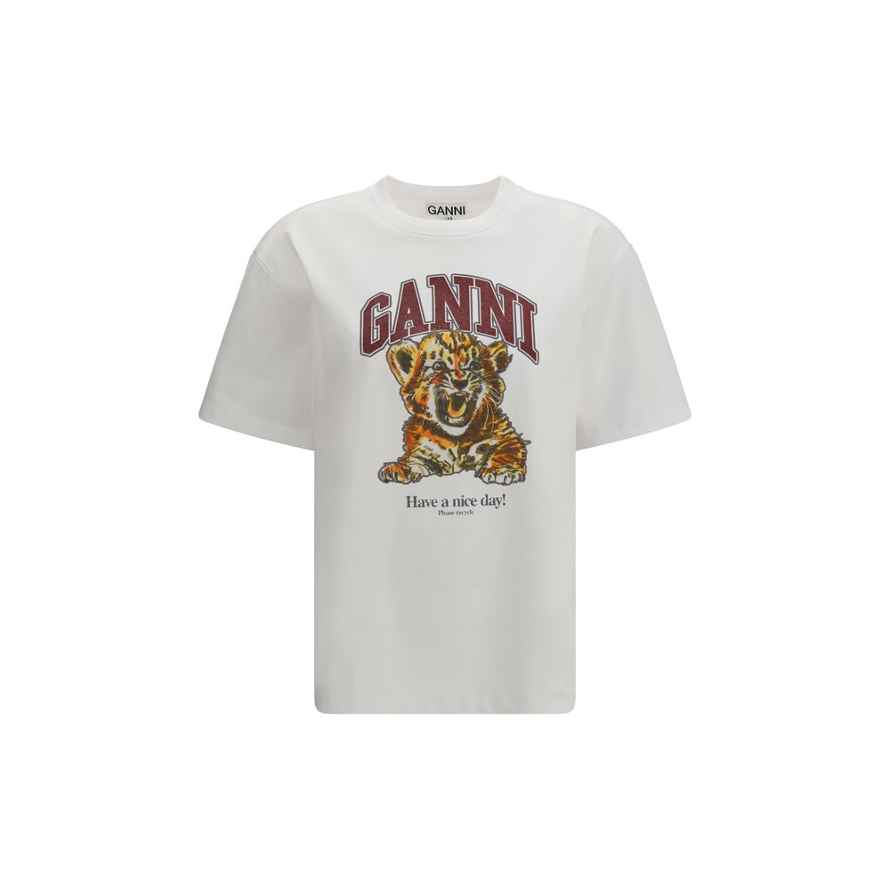 T-Shirt by Ganni for women in cotton white & print showcases a fashionable silhouette, elegantly detailed with a fashionable short-sleeve and round neckline for a sophisticated, high-fashion look.