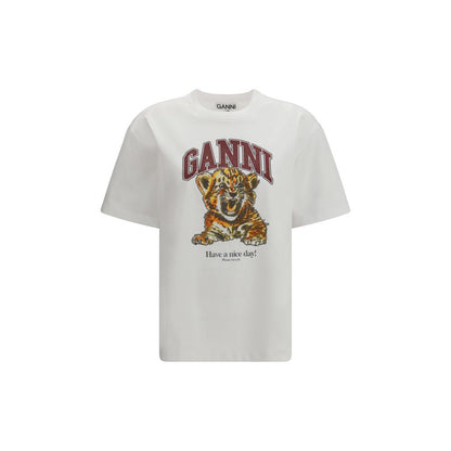 T-Shirt by Ganni for women in cotton white & print showcases a fashionable silhouette, elegantly detailed with a fashionable short-sleeve and round neckline for a sophisticated, high-fashion look.
