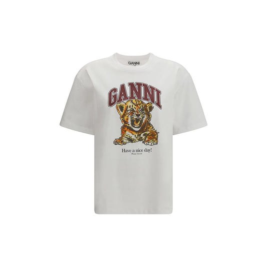 T-Shirt by Ganni for women in cotton white & print showcases a fashionable silhouette, elegantly detailed with a fashionable short-sleeve and round neckline for a sophisticated, high-fashion look.