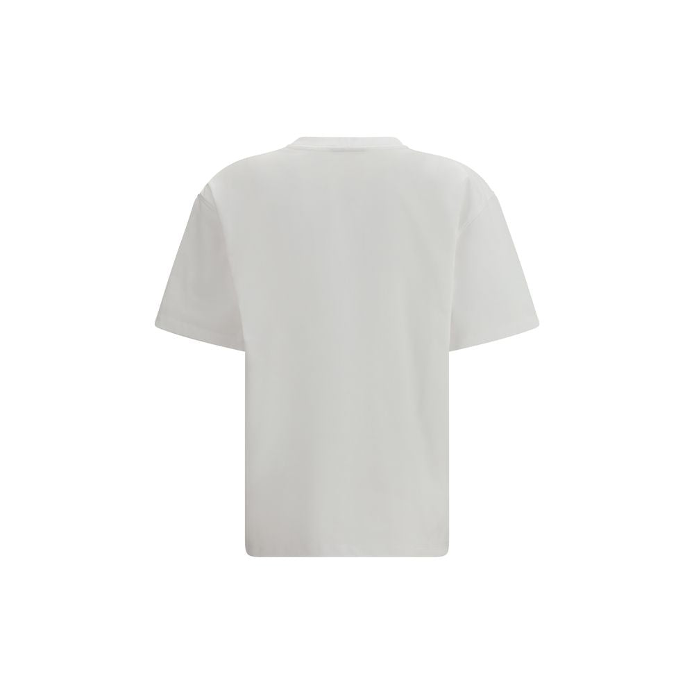 T-Shirt by Ganni for women in cotton white & print showcases a unassuming silhouette, artfully detailed with a refined round neckline and unassuming for a sophisticated, contemporary look.