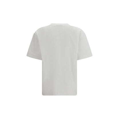 T-Shirt by Ganni for women in cotton white & print showcases a unassuming silhouette, artfully detailed with a refined round neckline and unassuming for a sophisticated, contemporary look.